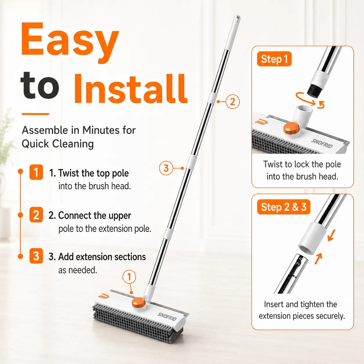 Snofrid Floor Scrub Brush, 3 in 1 Floor Scrub Brush with 54-In Adjustable Long Handle and Scraper Heavy Duty Stiff Bristle Floor Scrubber for Cleaning Shower Bathroom Kitchen Patio Garage Pool Wall and Deck, Orange&White