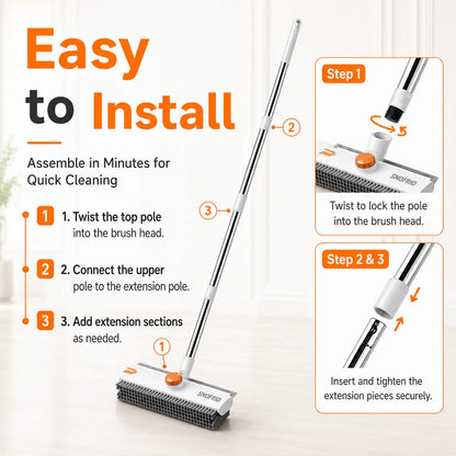 Snofrid Floor Scrub Brush, 3 in 1 Floor Scrub Brush with 54-In Adjustable Long Handle and Scraper Heavy Duty Stiff Bristle Floor Scrubber for Cleaning Shower Bathroom Kitchen Patio Garage Pool Wall and Deck, Orange&White