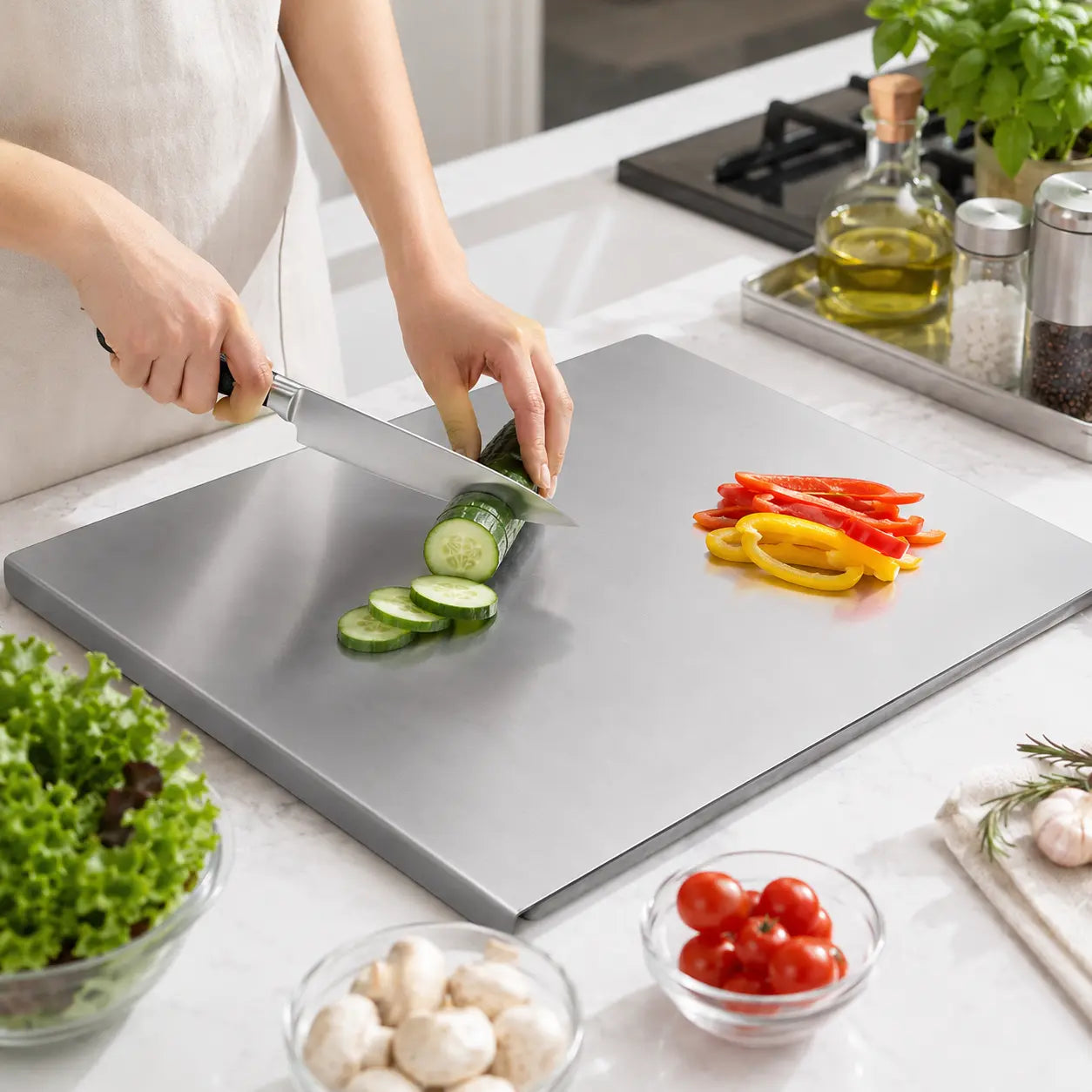 Stainless Steel Chopping Board - Anti-Slip Base, Mold-Resistant Kitchen Supply, Minimalist Essential Household Kitchen Accessory for Knife Use, Home Decor